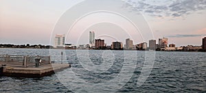 Panoramic shot of Windsor city skyline across the Detroit river viewed from the USA.