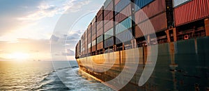 Panoramic side view of a large cargo ship carrying containers for import and export, business logistic and