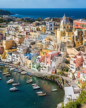 Panoramic sight of the beautiful island of Procida, near Napoli, Campania region, Italy.