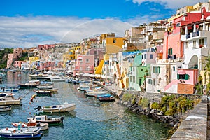 Panoramic sight of the beautiful island of Procida, near Napoli, Campania region, Italy.