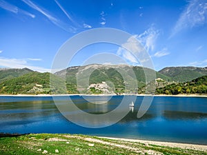 Panoramic sight in Castel di Tora with Lake Turano, beautiful village in the Province of Rieti. Lazio, Italy