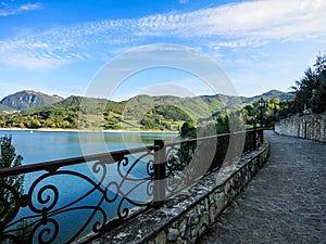 Panoramic sight in Castel di Tora with Lake Turano, beautiful village in the Province of Rieti. Lazio, Italy