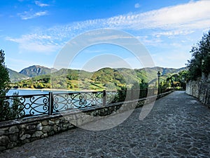 Panoramic sight in Castel di Tora with Lake Turano, beautiful village in the Province of Rieti. Lazio, Italy