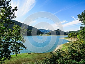 Panoramic sight in Castel di Tora with Lake Turano, beautiful village in the Province of Rieti. Lazio, Italy