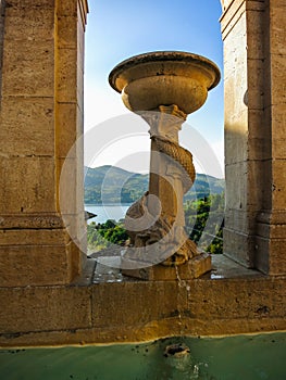 Panoramic sight in Castel di Tora with Lake Turano, beautiful village in the Province of Rieti. Lazio, Italy