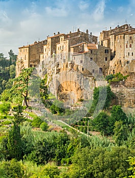 Panoramic sight of Pitigliano in a sunny summer afternoon. Province of Grosseto, Tuscany, Italy.