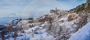 Panoramic sight of the small village of Gioia Vecchio during winter, near Pescasseroli, in Abruzzo National Park. Italy.