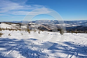 Panoramic Silesian Beskid Mountains view near Bialy Krzyz in Poland