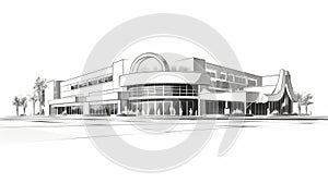 Panoramic Sketch Of A Mall Building In Black And White