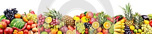 Panoramic skinali from bright fresh vegetables, fruits, berries isolated on white