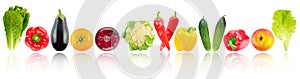 Panoramic skinali fruits and vegetables in row with soft reflection isolated on white