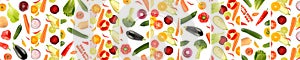 Panoramic skinali from whole and cut vegetables and fruits isolated on white