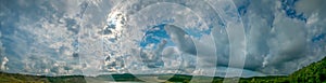 Panoramic sky landscape big puffy clouds.