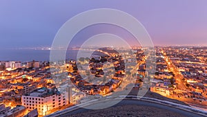 Panoramic skyline of Lima city from above with many buildings aerial night to day transition timelapse. Lima, Peru