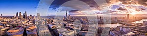 Panoramic skyline of south and east part of London with beautiful dramatic clouds and sunset - UK