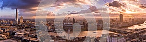 Panoramic skyline of south part of London with beautiful dramatic clouds and sunset - UK