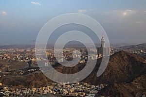 Panoramic skyline view on City of Mecca from Nour Mountain. Skyline with Abraj Al Bait. Royal Clock Tower in Makkah photo