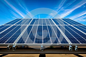 Panoramic solar panel against clear blue sky with ample space for text placement photo