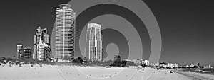 Panoramic of  South Beach, Miami from South Pointe Park. Black and white.