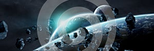 Panoramic space planets background. Panorama of distant solar system with exoplanets 3D rendering elements of this image furnished