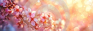 Panoramic spring background with beautiful pink cherry blossoms, bokeh background