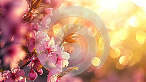 Panoramic spring background with beautiful pink cherry blossoms, bokeh background