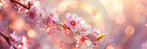 Panoramic spring background with beautiful pink cherry blossoms, bokeh background