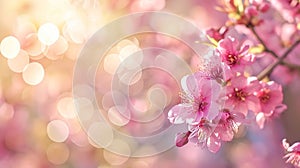 Panoramic spring background with beautiful pink cherry blossoms, bokeh background