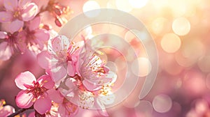 Panoramic spring background with beautiful pink cherry blossoms, bokeh background