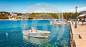 Panoramic spring cityscape of Fiskardo port. Stunning morning seascape of Ionian Sea.