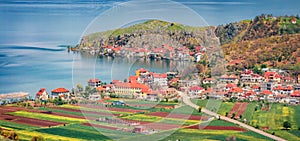 Panoramic spring cityscape of Lin town. Sunny morning scene of Ohrid lake