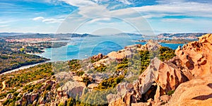 Panoramic spring cityscape of Palau port, Province of Olbia-Tempio, Italy, Europe. photo