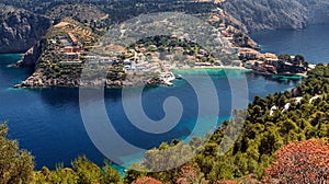 Panoramic spring seascape of Ionian Sea. Wonderful Sunny Day. Beautiful view over the sea beach in Assos village with