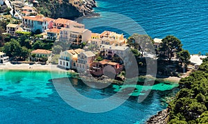 Panoramic spring seascape of Ionian Sea. Wonderful Sunny Day. Beautiful view over the sea beach in Assos village with