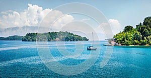 Panoramic spring view of port Nydri. Colorful morning seascape of Ionian Sea. Amazing outdoor scene of Lefkada island, Greece,