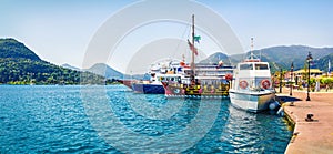 Panoramic spring view of port Nydri. Colorful morning seascape of Ionian Sea. Sunny outdoor scene of Lefkada island, Greece,