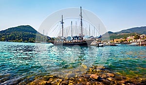 Panoramic spring view of port Nydri. Colorful morning seascape of Ionian Sea. Sunny outdoor scene of Lefkada island, Greece, Europ