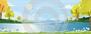 Panoramic of spring village with beautiful view lake and mounthains with blue sky, Vector Spring landscape, Panorma countryside in