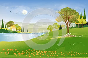 Panoramic of spring village with lake view and mountains with blue sky,Vector cartoon Spring landscape, Panorama countryside in