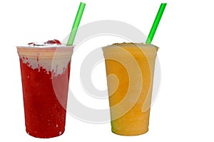 Panoramic still life of ice cream slush frozen colorful frozen fruit granita drinks flowing into takeaway plastic cups with ice