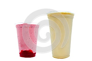 Panoramic still life of ice cream slush frozen colorful frozen fruit granita drinks flowing into takeaway plastic cups with ice