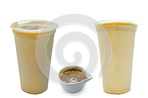 Panoramic still life of ice cream slush frozen colorful frozen fruit granita drinks flowing into takeaway plastic cups with ice