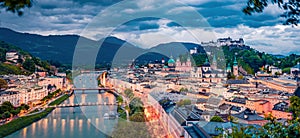 Panoramic summer cityscape of Salzburg, Old City, birthplace of famed composer Mozart