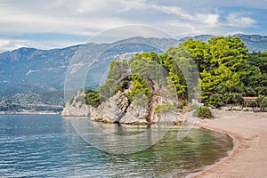 Panoramic summer landscape of the beautiful green Royal park Milocer on the shore of the the Adriatic Sea, Montenegro