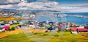 Panoramic summer sityscape of Torshavn town.