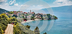 Panoramic summer view  of Gradac town. Sunny morning seascape of Adriatic sea, southernmost tourist locality of the Makarska rivie