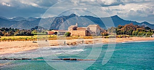 Panoramic summer view of Nora beach. Bright synny day on Sardinia island, Italy