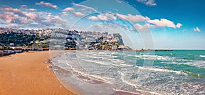 Panoramic summer view of Peschici public beach, Province of Foggia, Italy