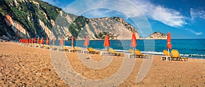 Panoramic summer view of Petani Beach. Attractive morning landscape of Cephalonia Island, Greece, Europe. Beautiful seascape of Me