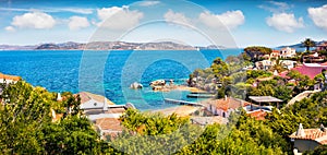 Panoramic summer view of Rafael port, Province of Olbia-Tempio, Italy, Europe. Fantastic morning view of Sardinia. Aerial seascape photo